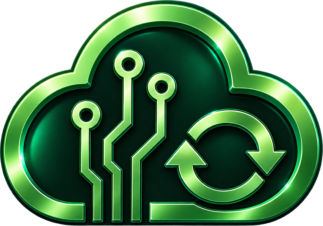 Emblema G2W Cloud: nuvem com trilhas de circuito e ícone de sincronização